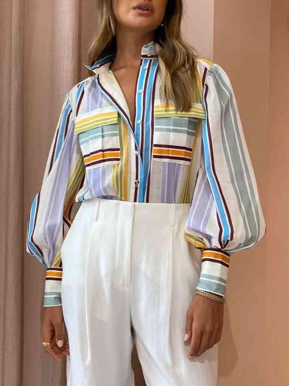 Striped Button Down Lantern Sleeve Shirt - Trendsi
