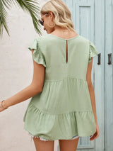 Round Neck Flutter Sleeve Tiered Blouse - Trendsi - Flyclothing LLC