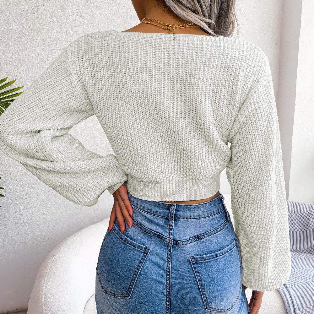 Tie-Front Rib-Knit Cropped Sweater - Trendsi - Flyclothing LLC