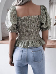 Frill Smocked Square Neck Short Sleeve Blouse - Trendsi
