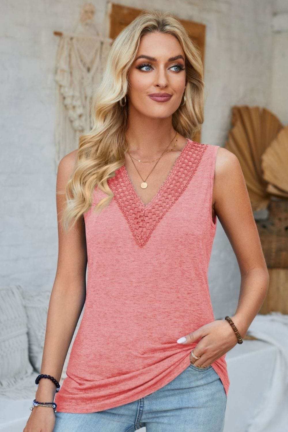 Lace Detail V-Neck Tank - Trendsi - Flyclothing LLC
