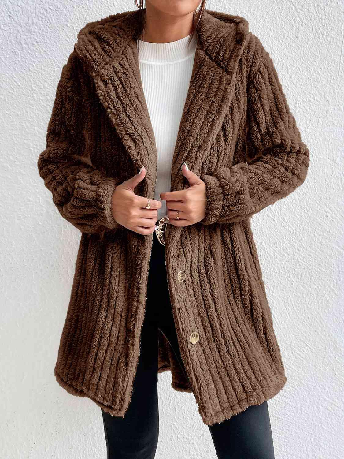 Button Down Hooded Coat - Trendsi