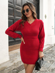 Rib-Knit V-Neck Sweater Dress - Trendsi