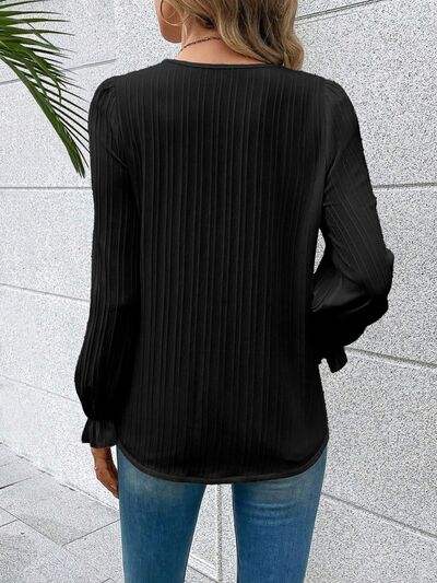 V-Neck Lace Detail Flounce Sleeve Blouse - Trendsi - Flyclothing LLC