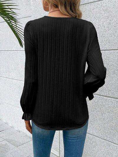 V-Neck Lace Detail Flounce Sleeve Blouse - Trendsi - Flyclothing LLC