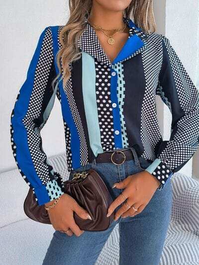 Polka Dot Contrast Long Sleeve Shirt - Trendsi - Flyclothing LLC