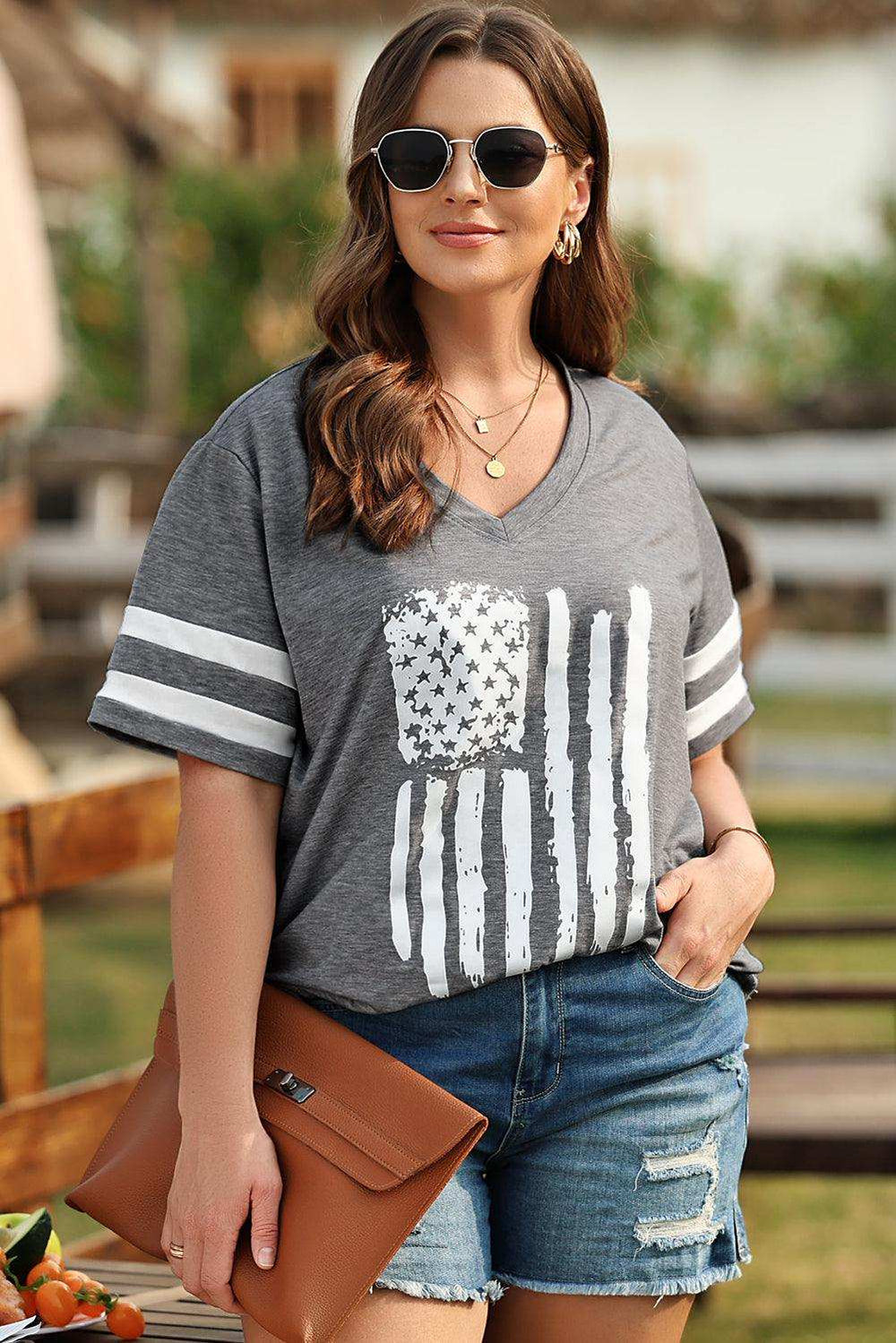 Plus Size US Flag Graphic V-Neck Tee - Trendsi - Flyclothing LLC