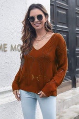 Openwork V-Neck Dropped Shoulder Sweater - Trendsi - Flyclothing LLC