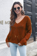 Openwork V-Neck Dropped Shoulder Sweater - Trendsi