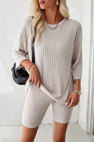 Ribbed Round Neck Top and Shorts Set - Trendsi - Flyclothing LLC