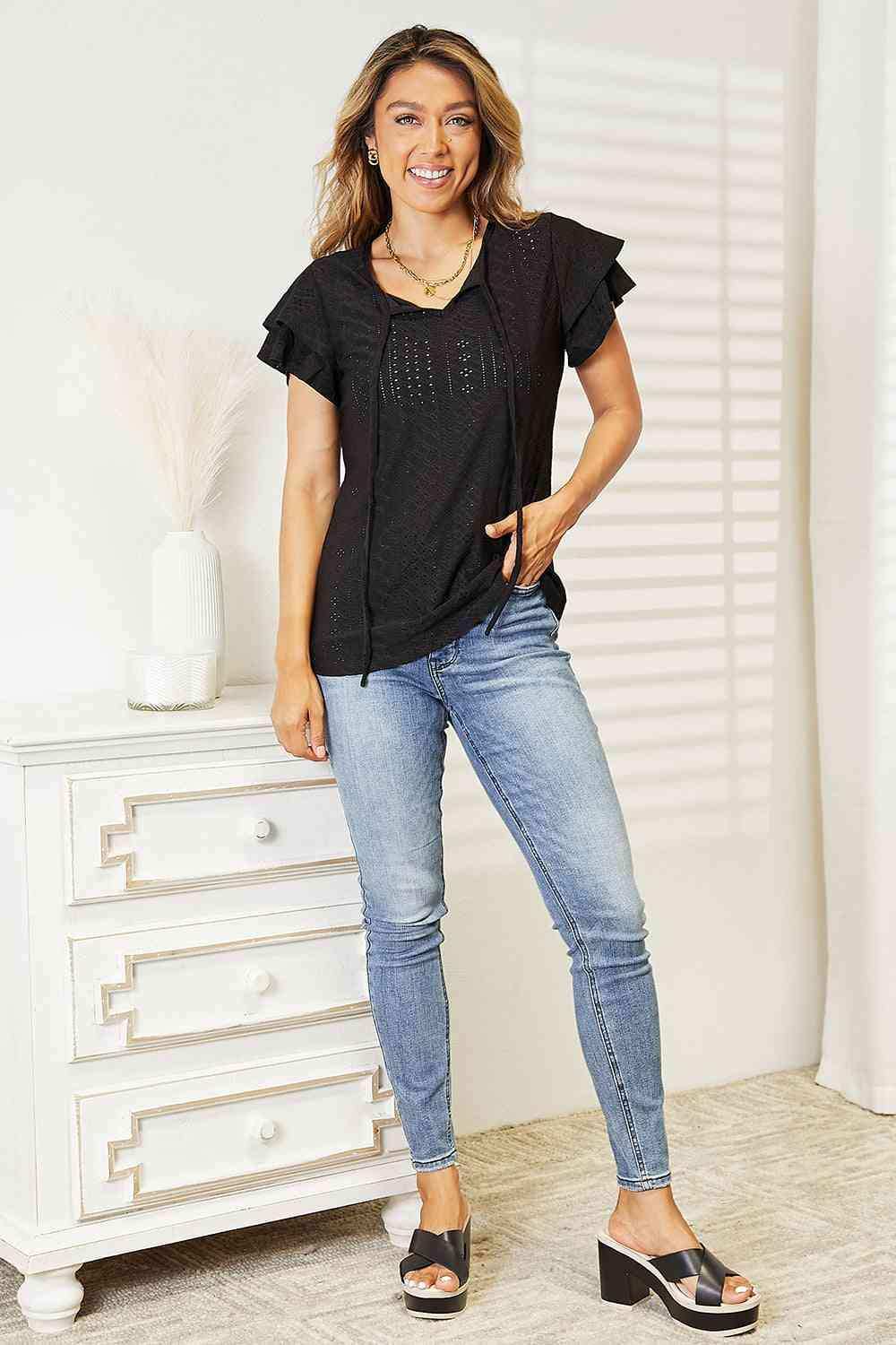 Double Take Eyelet Tie-Neck Flutter Sleeve Blouse - Trendsi - Flyclothing LLC