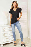 Double Take Eyelet Tie-Neck Flutter Sleeve Blouse - Trendsi