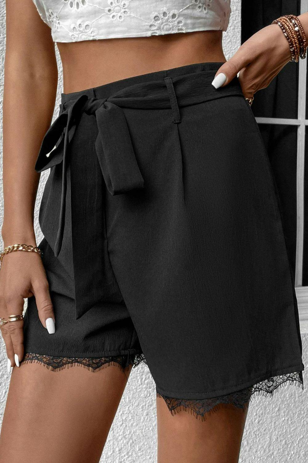 Tie Belt Lace Trim Shorts - Trendsi