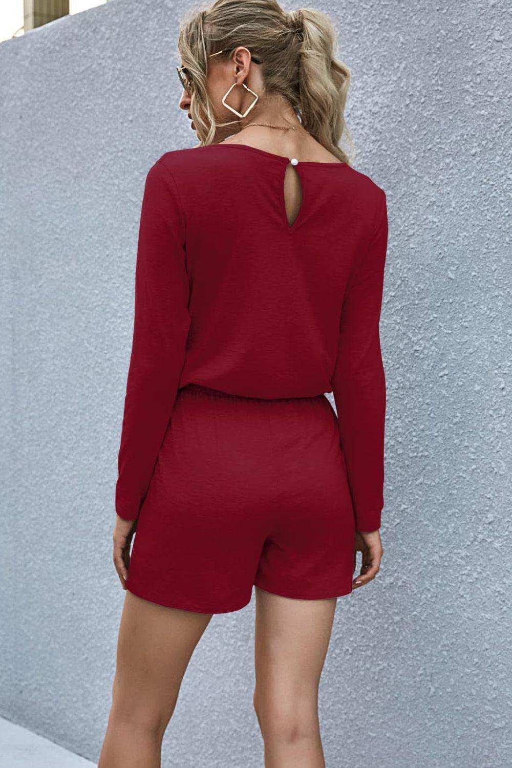 Drawstring Waist Long Sleeve Romper - Trendsi - Flyclothing LLC