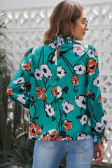 Floral Smocked Mock Neck Flounce Sleeve Blouse - Trendsi