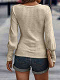 Ribbed Round Neck Lantern Sleeve Knit Top - Trendsi