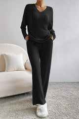 Ribbed V-Neck Top and Pants Set - Trendsi - Flyclothing LLC
