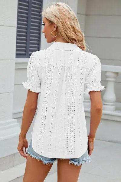 Eyelet Johnny Collar Short Sleeve Blouse - Trendsi - Flyclothing LLC