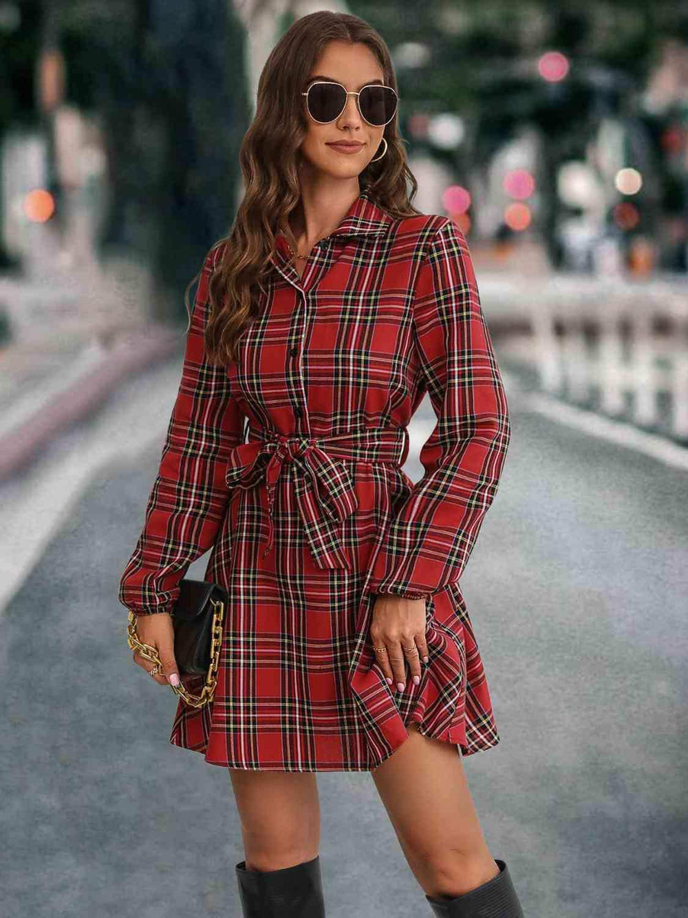 Plaid Tie Front Collared Neck Long Sleeve Dress - Trendsi - Flyclothing LLC