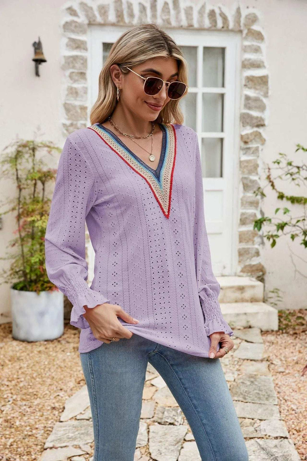 Eyelet Flounce Sleeve V-Neck Blouse - Trendsi - Flyclothing LLC