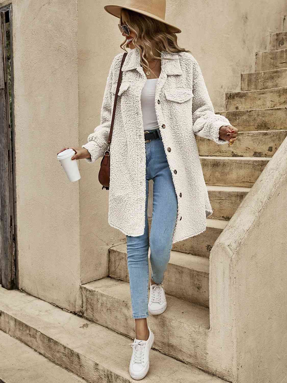 Collared Button Down Coat - Trendsi - Flyclothing LLC
