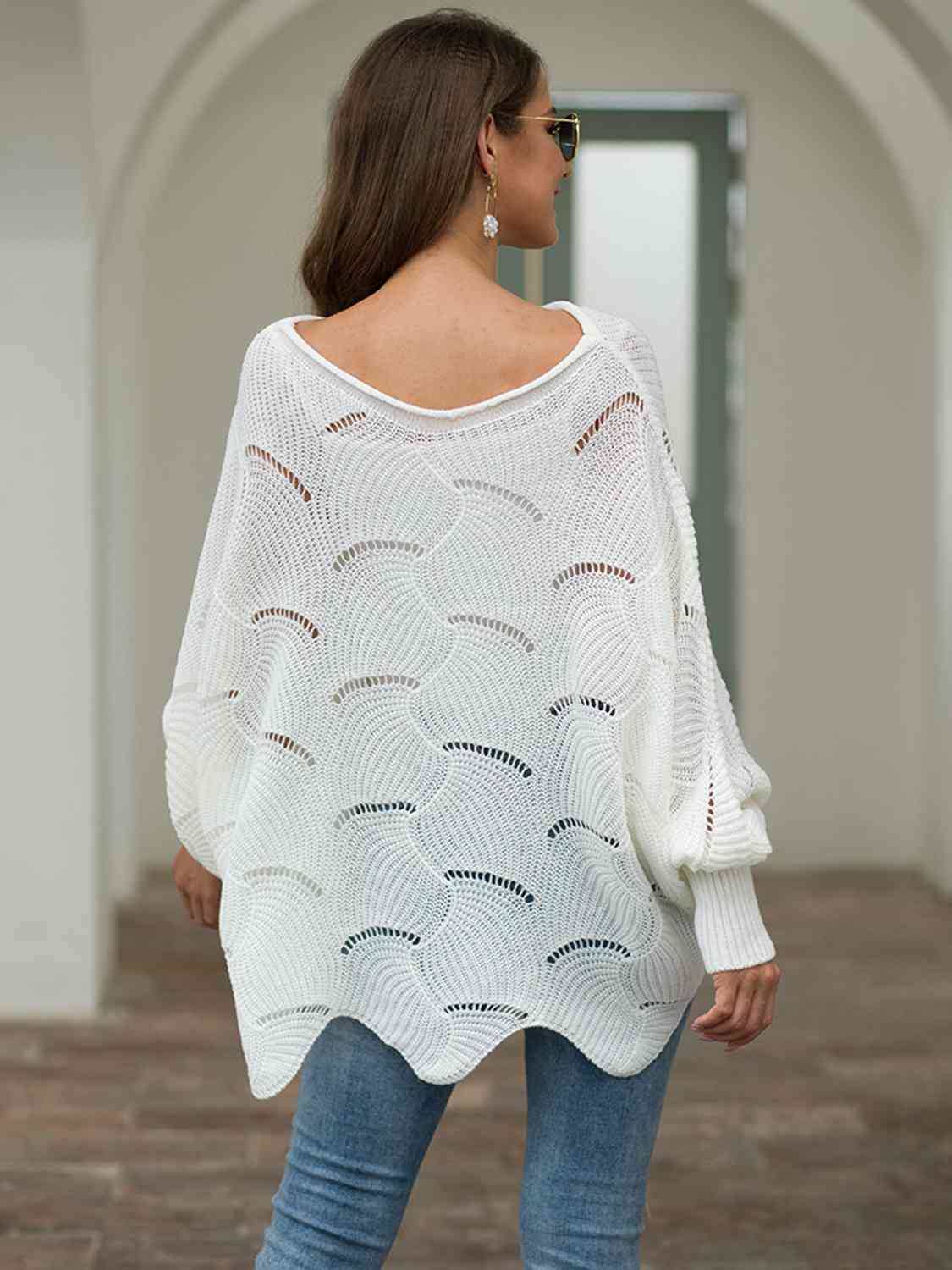 Full Size Boat Neck Lantern Sleeve Openwork Knit Top - Trendsi - Flyclothing LLC