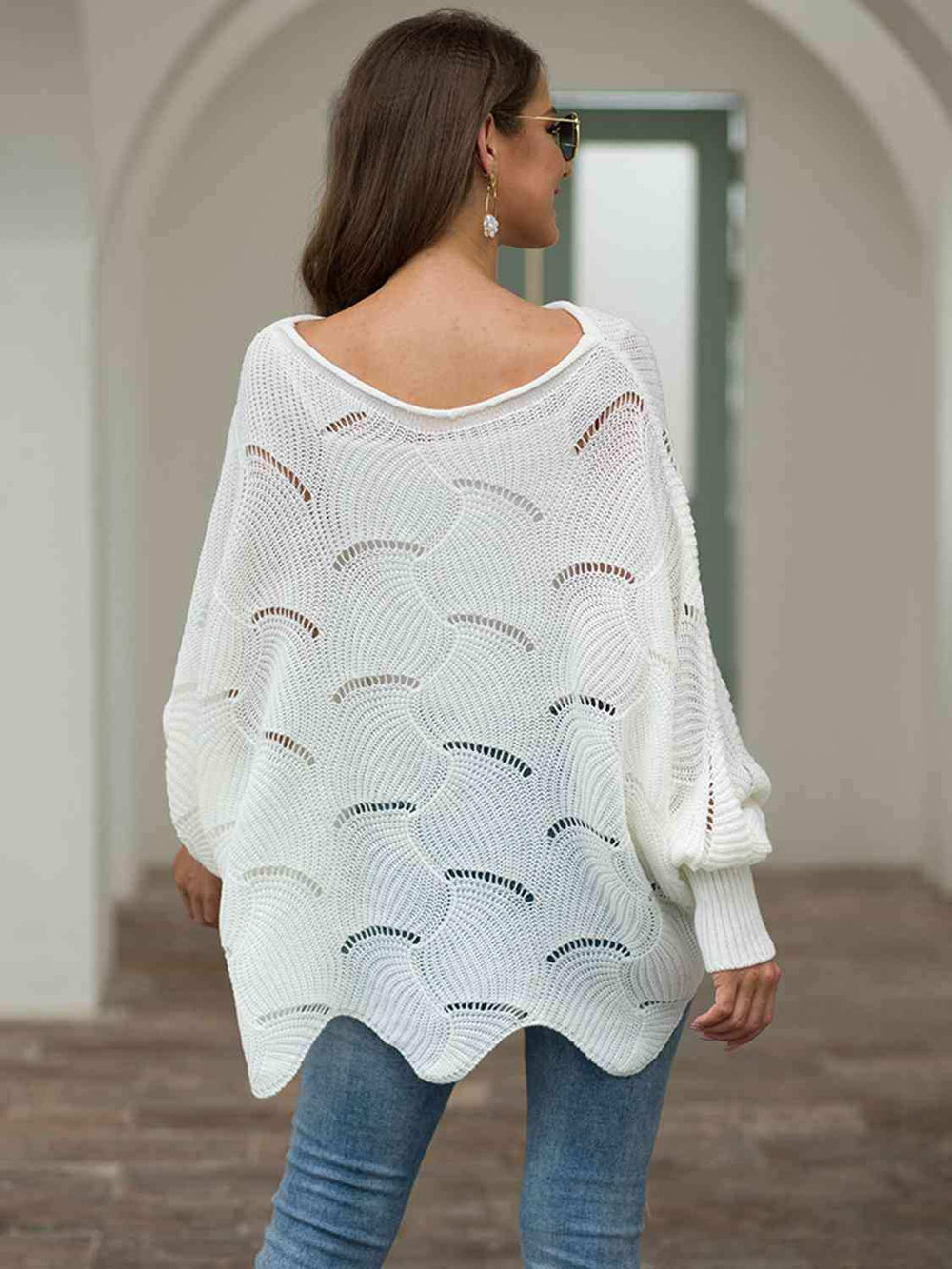 Full Size Boat Neck Lantern Sleeve Openwork Knit Top - Trendsi - Flyclothing LLC