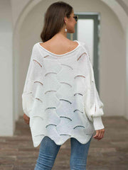 Full Size Boat Neck Lantern Sleeve Openwork Knit Top - Trendsi