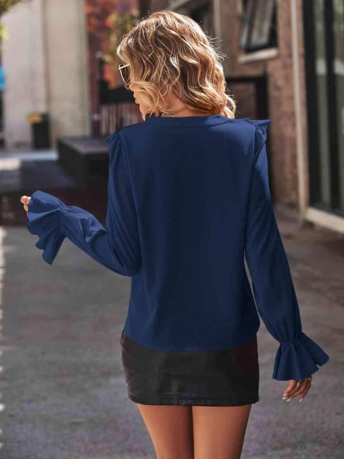Ruffled V-Neck Flounce Sleeve Shirt - Trendsi - Flyclothing LLC