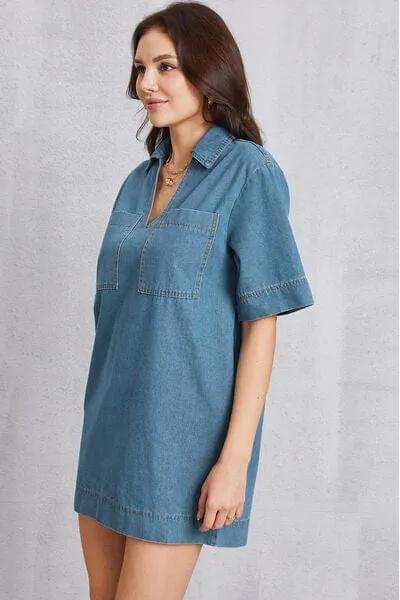 Pocketed Collared Neck Mini Denim Dress - Trendsi - Flyclothing LLC