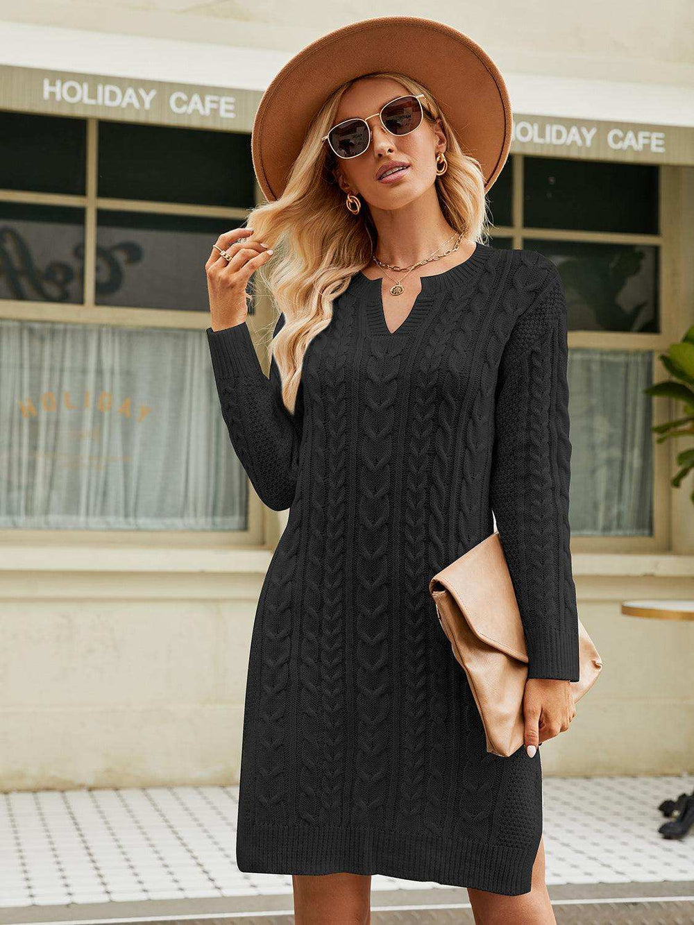 Notched Neck Cable-Knit Slit Sweater Dress - Trendsi - Flyclothing LLC