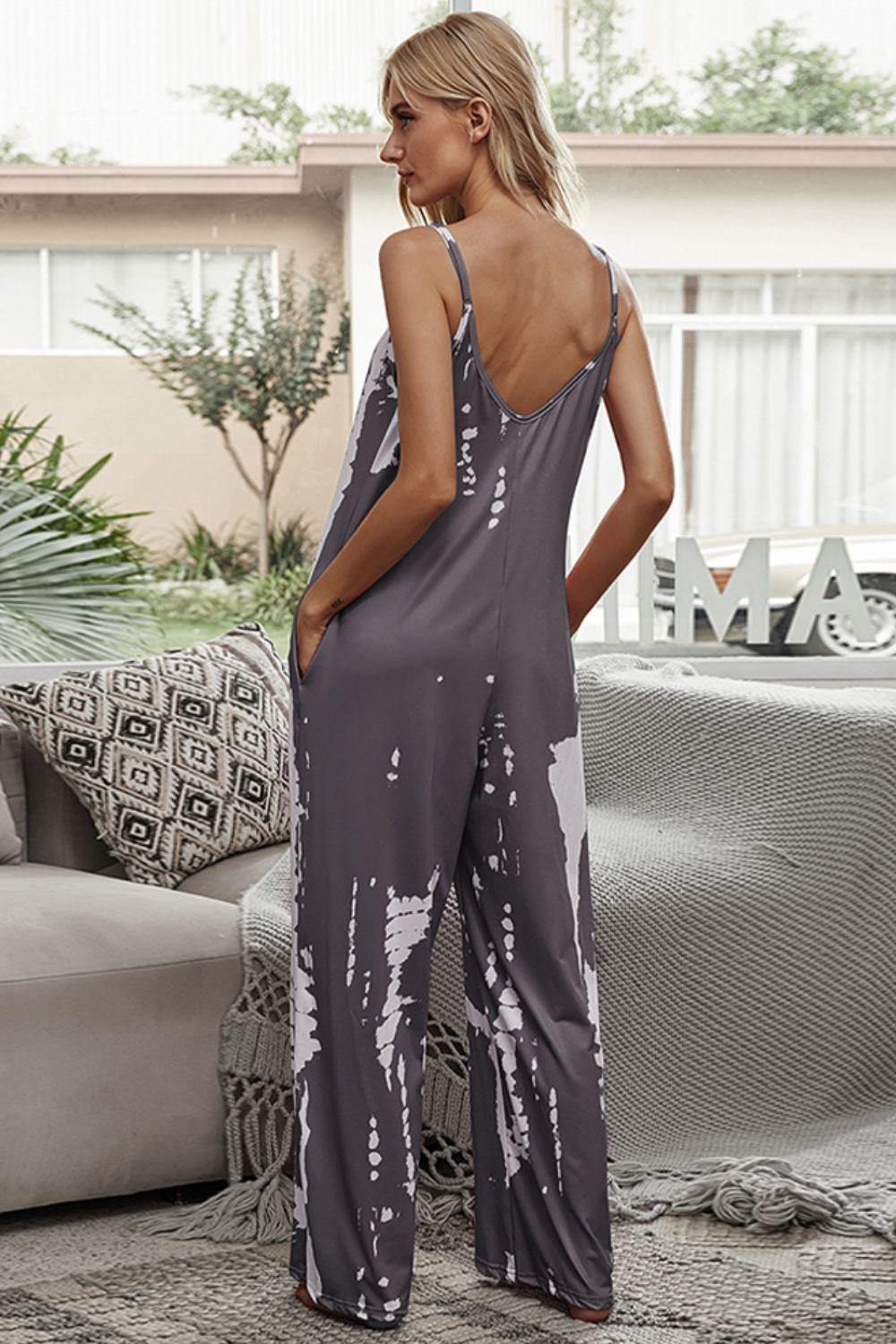 Tie-Dye Spaghetti Strap Jumpsuit with Pockets - Flyclothing LLC