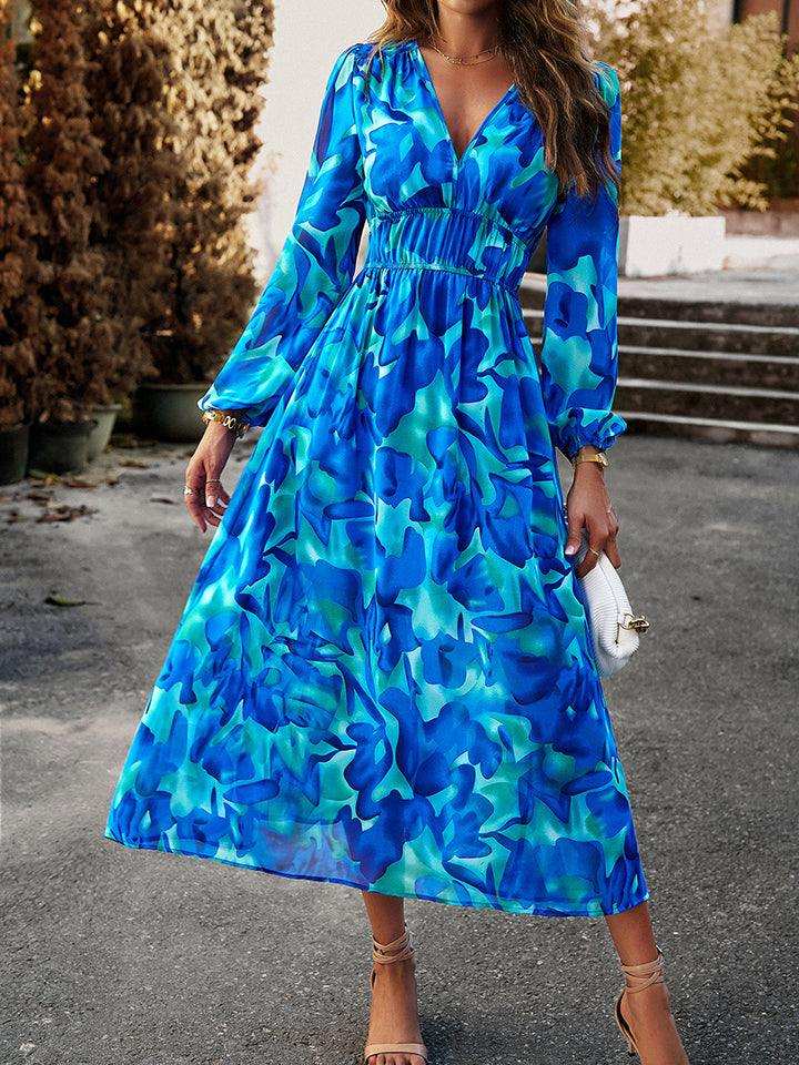 Printed V-Neck Long Sleeve Midi Dress - Trendsi - Flyclothing LLC