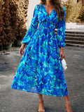 Printed V-Neck Long Sleeve Midi Dress - Trendsi - Flyclothing LLC