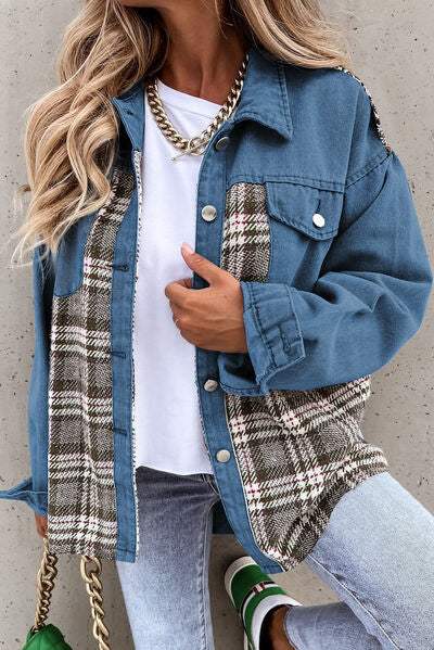 Plaid Pocketed Button Up Denim Jacket - Trendsi - Flyclothing LLC