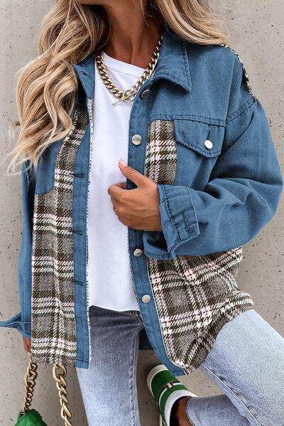 Plaid Pocketed Button Up Denim Jacket - Trendsi - Flyclothing LLC