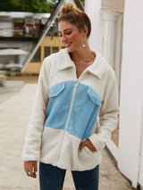 Plush Contrast Zip Up Coat - Trendsi - Flyclothing LLC