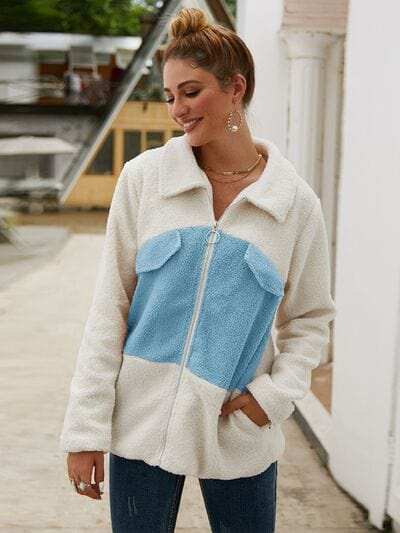Plush Contrast Zip Up Coat - Trendsi - Flyclothing LLC