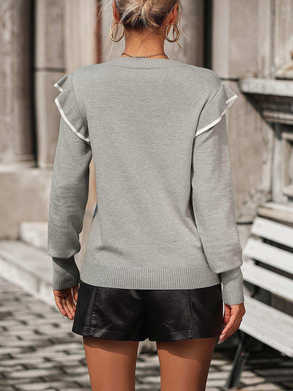 Round Neck Ruffle Trim Long Sleeve Pullover Sweater - Trendsi - Flyclothing LLC