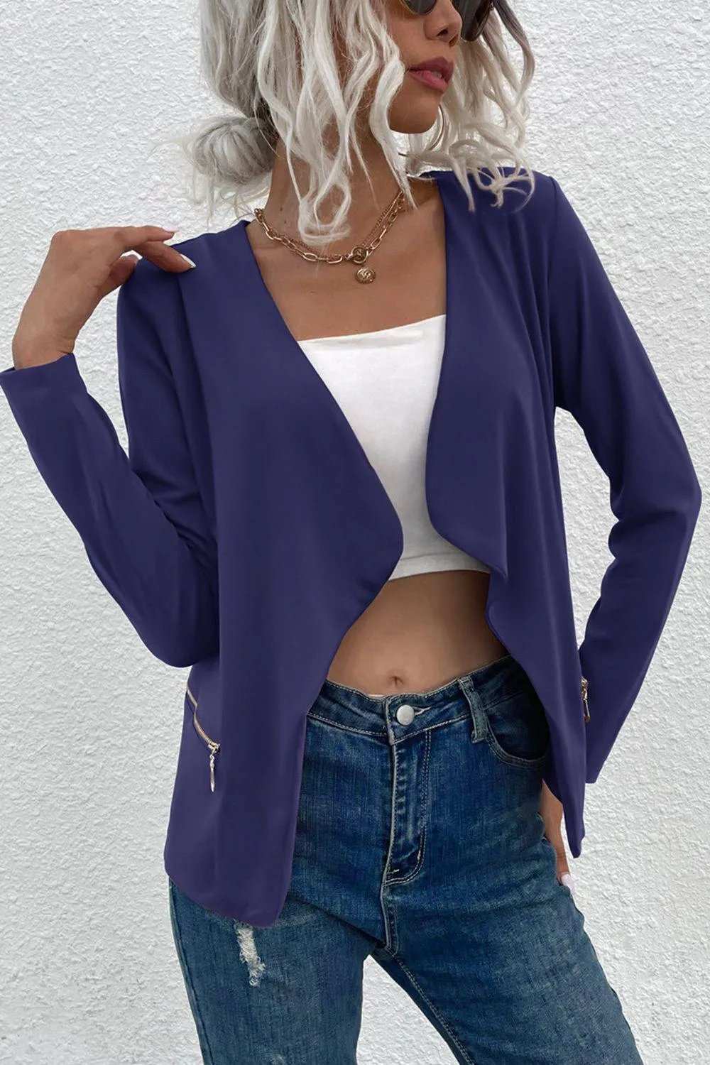 Open Front Zipper Pocket Cardigan - Trendsi - Flyclothing LLC