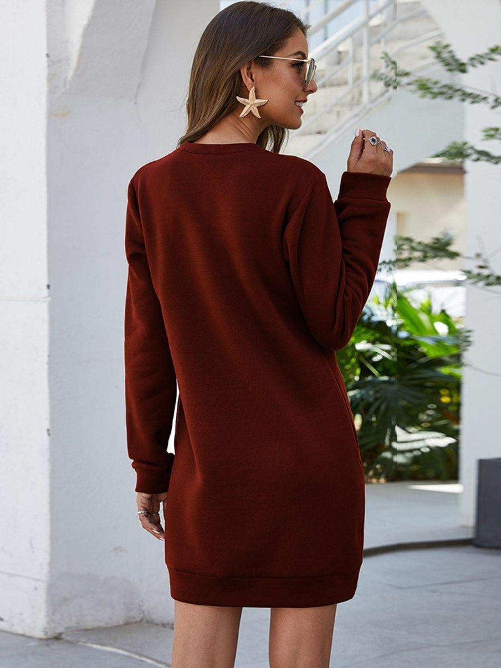 Round Neck Long Sleeve Mini Dress with Pockets - Trendsi - Flyclothing LLC