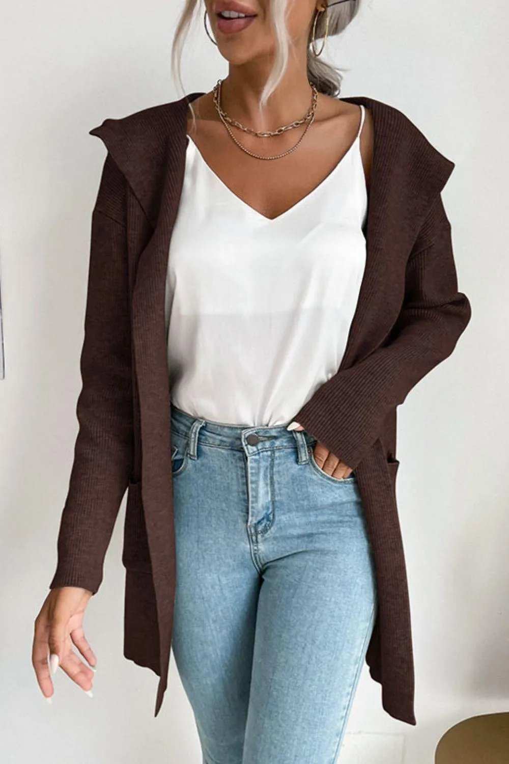 Ribbed Open Front Hooded Cardigan with Pockets - Trendsi - Flyclothing LLC