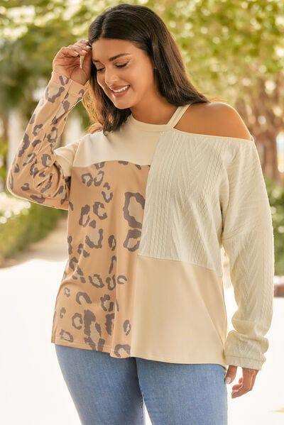Plus Size Leopard Color Block Long Sleeve T-Shirt - Trendsi - Flyclothing LLC