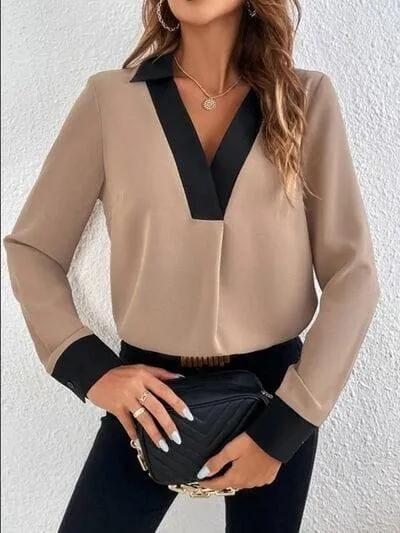 Contrast Trim V-Neck Long Sleeve Blouse - Trendsi