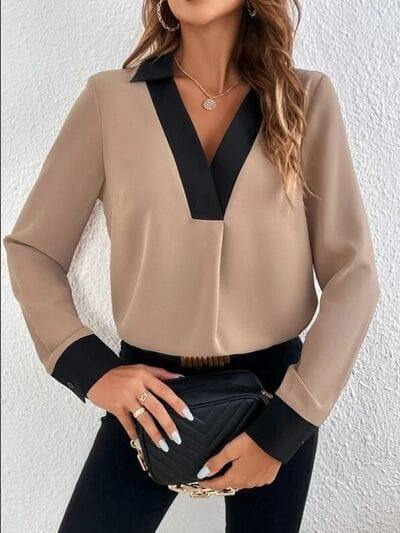 Contrast Trim V-Neck Long Sleeve Blouse - Trendsi