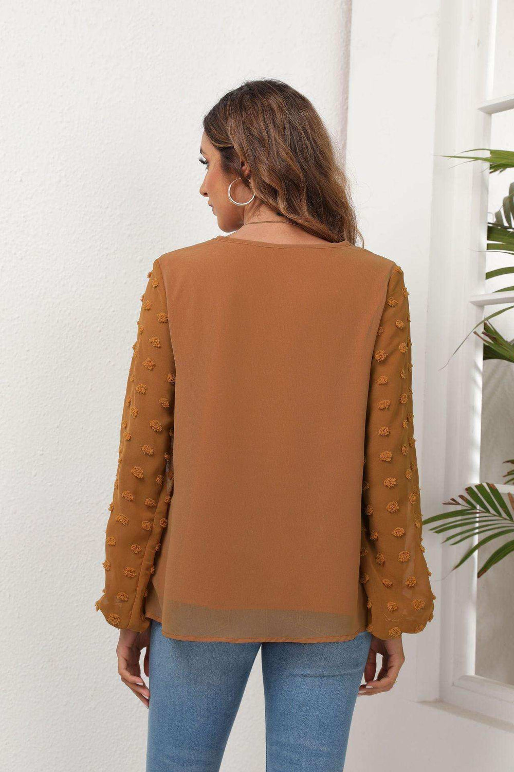 Swiss Dot Balloon Sleeve Blouse - Trendsi - Flyclothing LLC