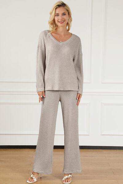 Ribbed V-Neck Top and Pants Lounge Set - Trendsi - Flyclothing LLC