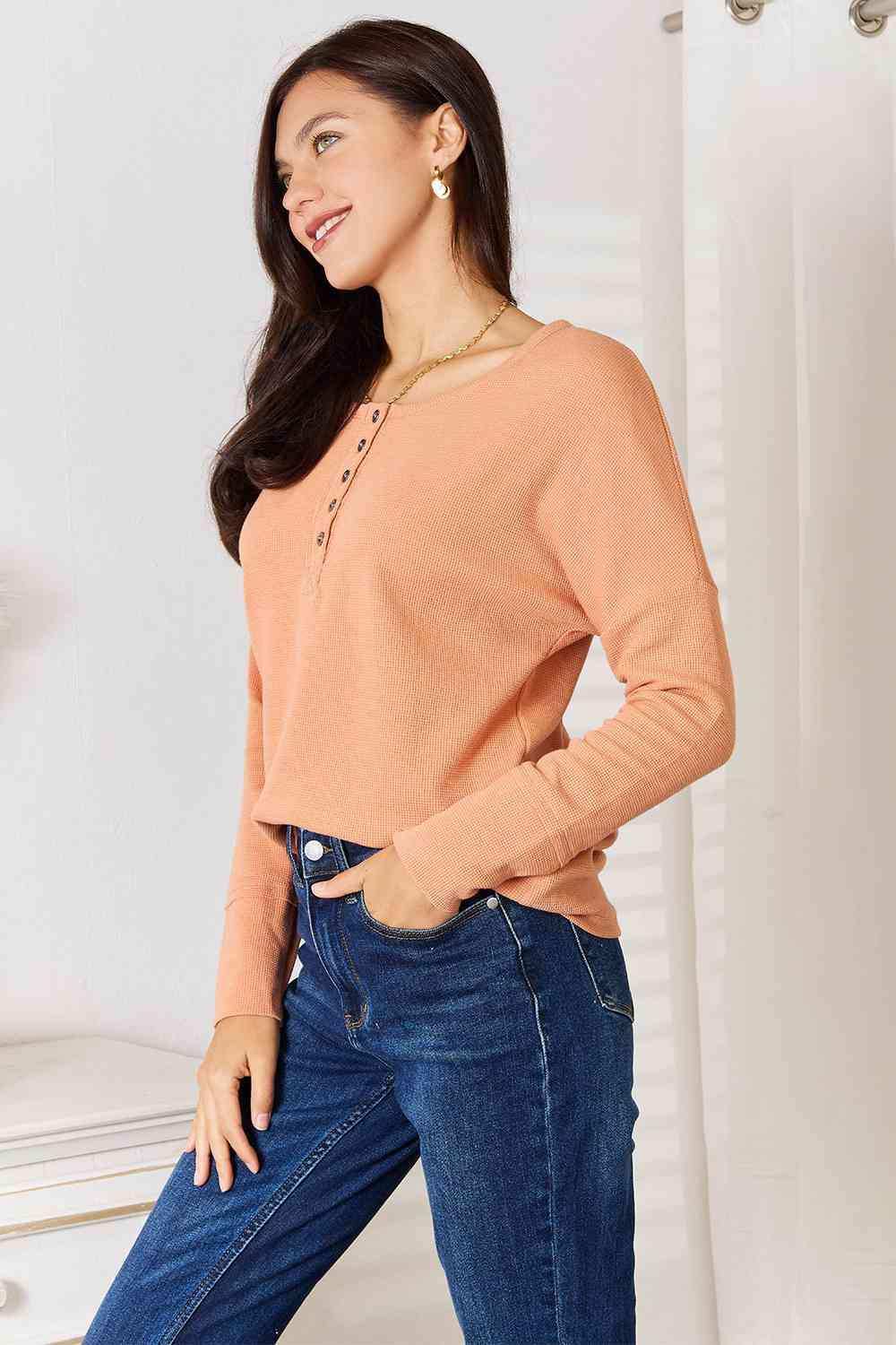 Basic Bae Half Button Long Sleeve Top - Trendsi - Flyclothing LLC