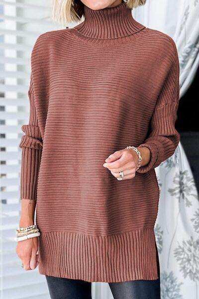 Ribbed Turtleneck Dropped Shoulder Pullover Sweater - Trendsi - Flyclothing LLC