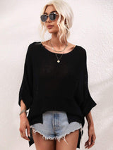 Boat Neck Cuffed Sleeve Slit Tunic Knit Top - Trendsi - Flyclothing LLC